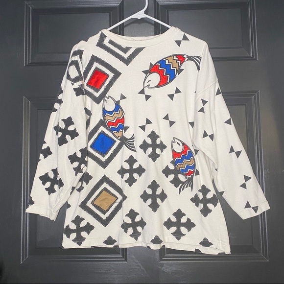 Vintage L'eau Vive Retro Fish Diamond Geometric Top Black White Size Medium - Picture 1 of 7